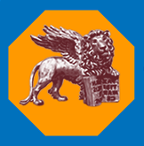 sechseckiges orangenes Logo mit geflügeltem Löwen für Restaurierung und Denkmalpflege