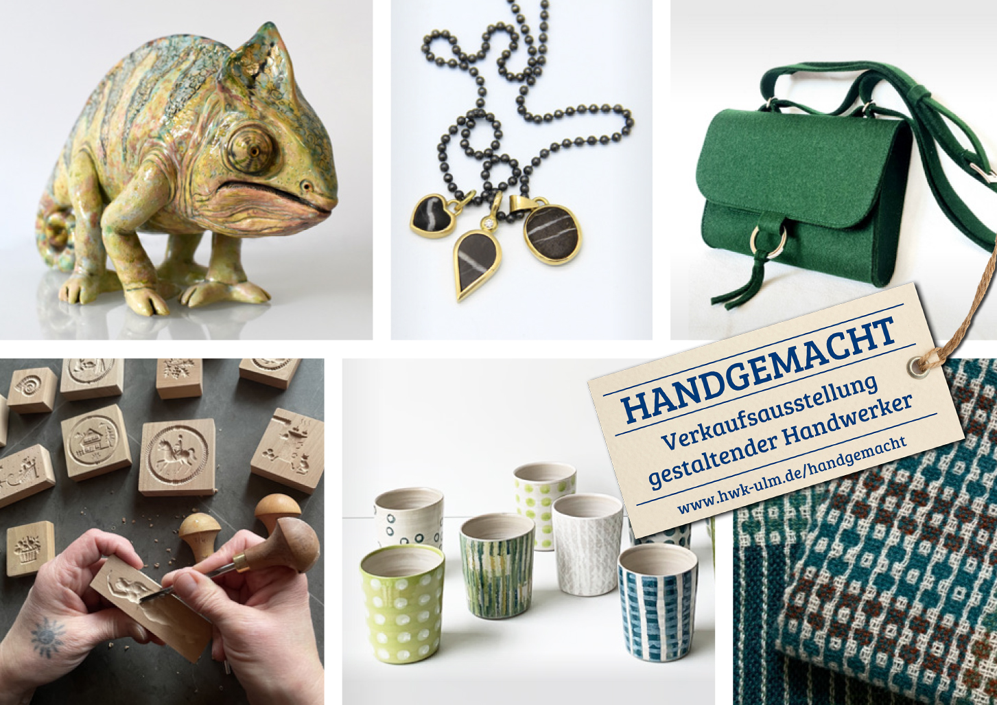 Arbeiten von Kunsthandwerkern, die bei der HANDGEMACHT ausstellen: Keramik, Schmuck, Filztaschen, Springerlemodel, gewebter Schal
