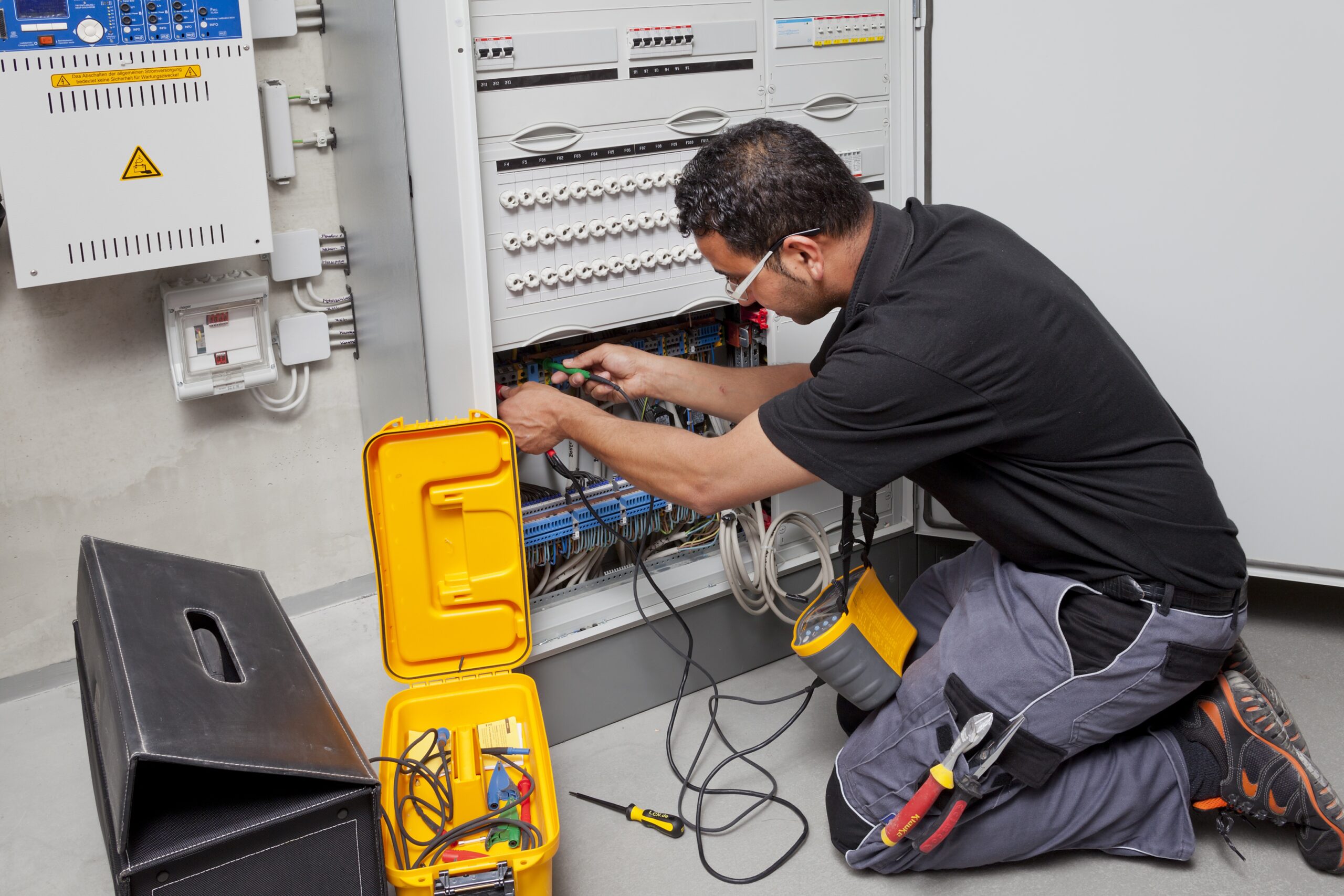 Ein Elektroniker arbeitet kniend an einem Stromkasten.