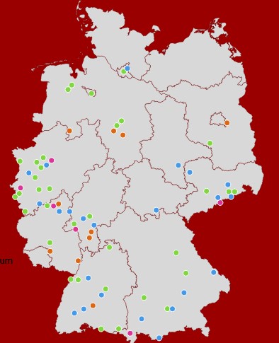 interaktive Karte von Deutschland, die durch farbige Punkte die Standorte von Ausbildungsbetrieben im Kunsthandwerk zeigt